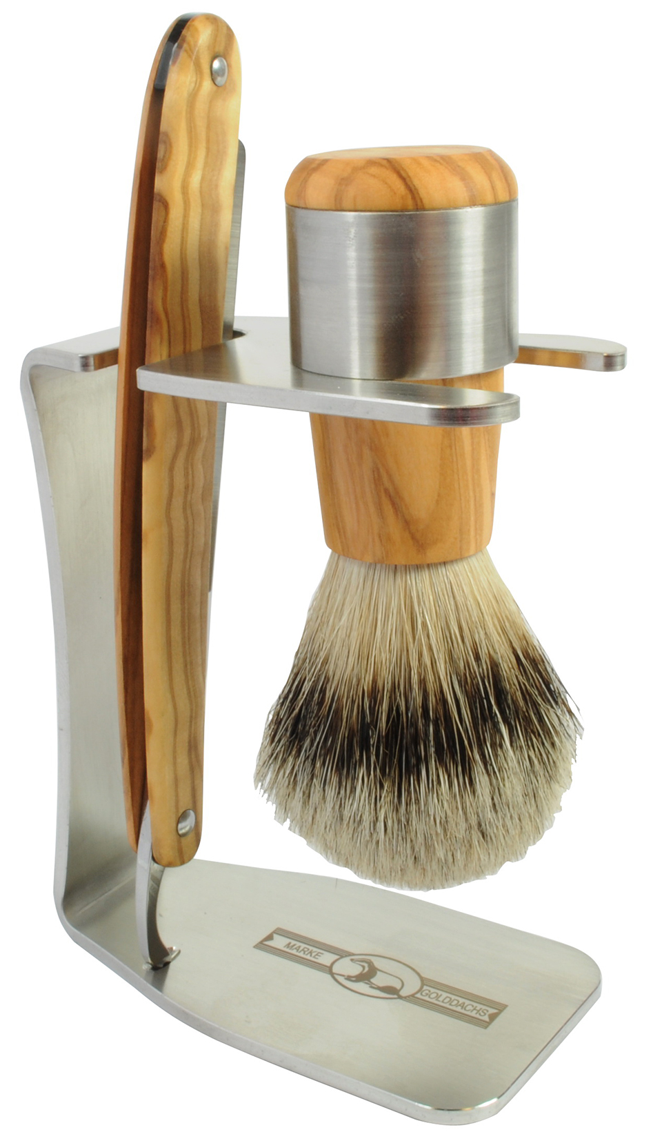Golddachs Rasiermesserset aus Olivenholz und Edelstahl
